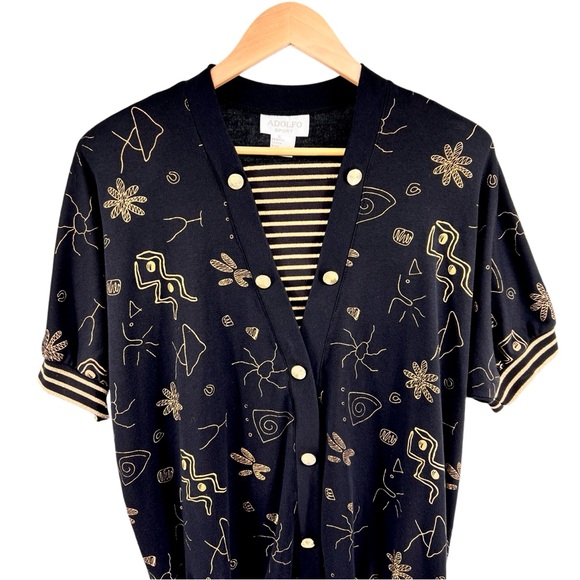 Vintage Adolfo Sport Womens Abstract Print Metallic Gold Top Size XL Black Artsy - Picture 5 of 15